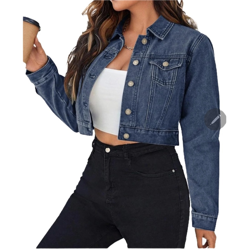 GRABSA Women's Button Down Long Sleeve Cropped Denim Jean Jacket Pockets - Picture 2 of 4